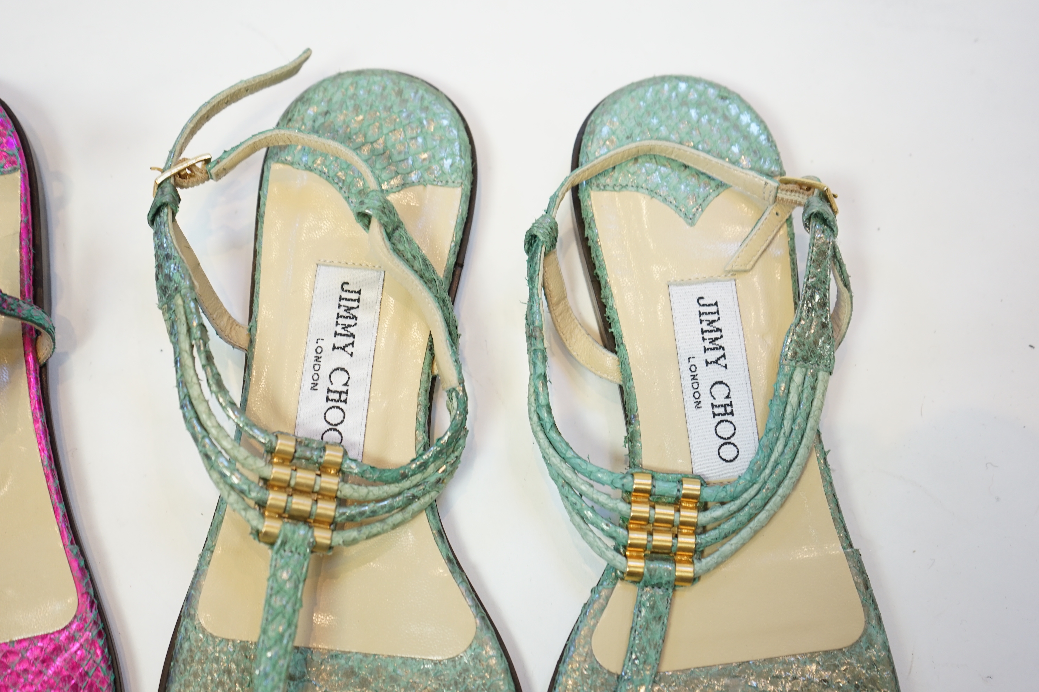 Two pairs of Jimmy Choo lady's metallic snake skin sandals, size EU 39